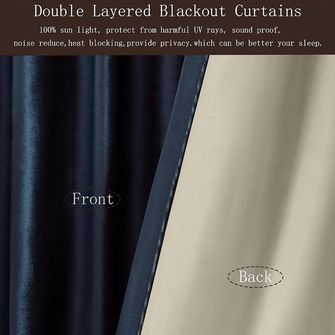 PRIMROSE 100% Full Blackout Navy Blue Velvet Curtains 84 inch Long for Living Room,Set of 2 Panels Liner Rod Pocket Back Tab Thermal Window Curtains Room Darkening Heavy Decorative Drapes for Bedroom