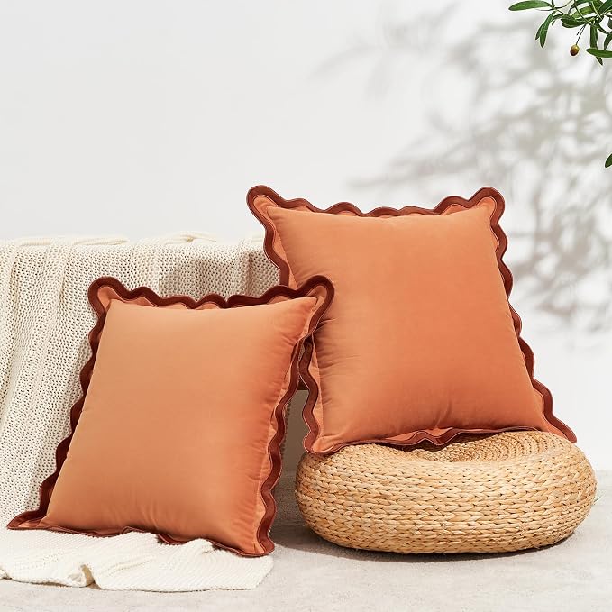 MONDAY MOOSE Decorative Throw Pillow Covers Cushion Cases, Set of 2 Soft Velvet Scalloped Wavy Edge Designs, Mix and Match for Home Decor, Pillow Inserts Not Included (22x22 inch, Rust/Coral)