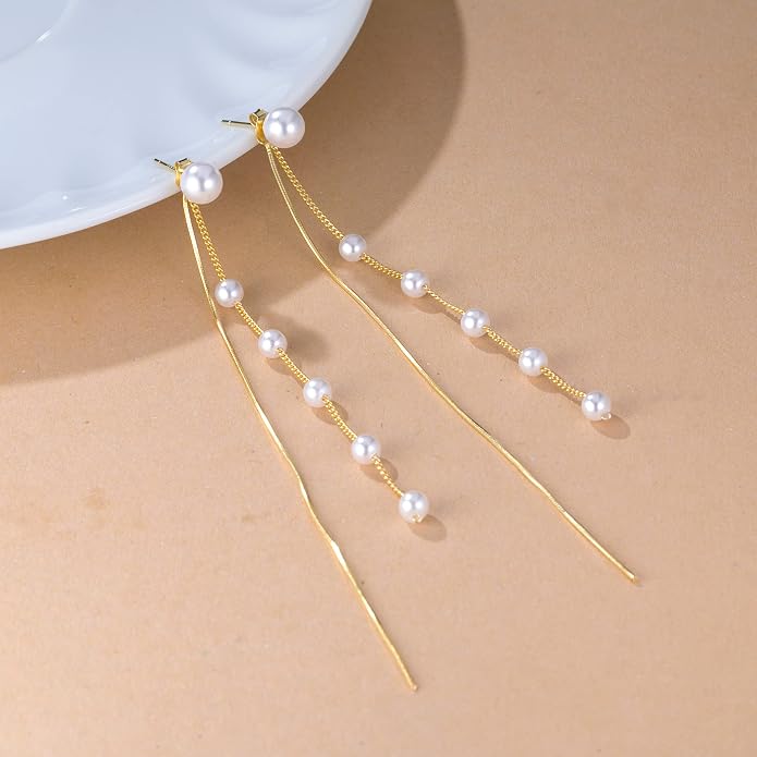 SLUYNZ Solid 925 Sterling Silver Simulated Shell Pearl Dangle Earrings Chain for Women Teens Elegant Long Dangle Earrings Tassel Wedding Bridal Earrings Prom Party Engagement Jewelry