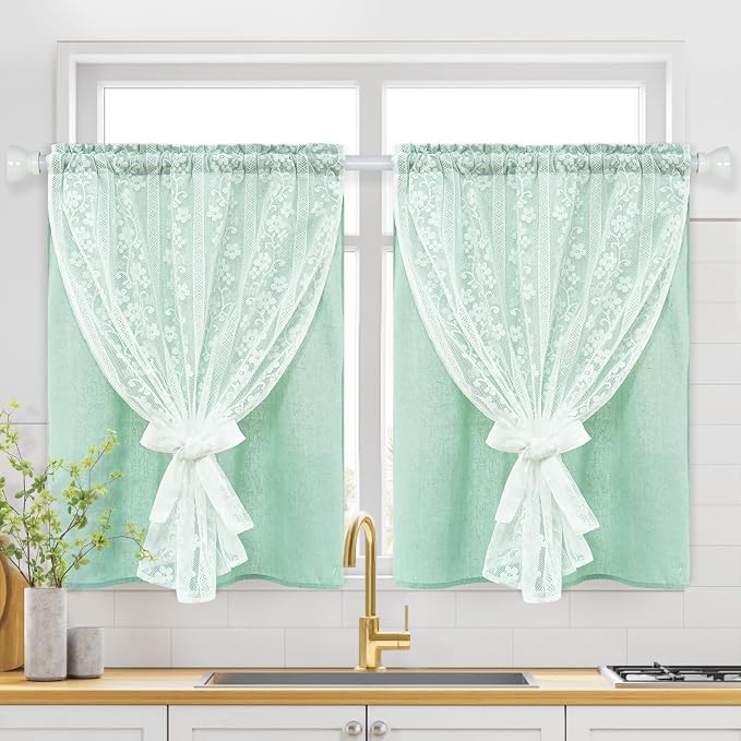 ASPMIZ Linen Kitchen Tier Curtains 36 Inch Length, Double Layer Kitchen Curtain 2 Panel Sets Rod Pocket Short Window Curtains with Tiebacks, Rustic Window Treatments for Bathroom Cafe, Mint Green
