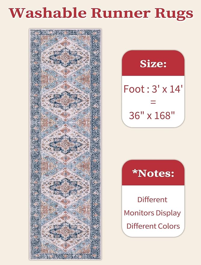 SERISSA Runner Rug for Hallways, 3x14 Washable Non Slip Kitchen Runner Rug, Extra Long Boho Rug Ultra Soft Vintage Blue Orange Print Floor Carpet for Bedroom Hallway Entryway Bathroom Laundry Room