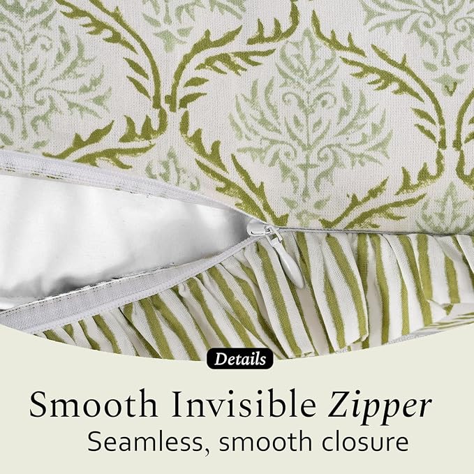 CPC Fern Regal Hand Block Print 100% Cotton Ruffle Throw Pillow Cover 18x18 inch with Hidden Zipper Decorative for Couch, Bed, Sofa, Farmhouse, Cottagecore Decor Gift Christmas Fall Thanksgiving