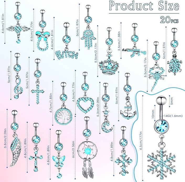 Junkin 20 Pcs 14G Dangle Belly Button Ring, Dangling 316L Surgical Navel Rings Cubic Zirconia Belly Piercing Jewelry