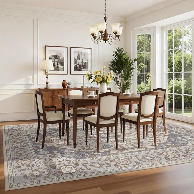 Joydeco 5x7 Area Rugs for Living Room, Non Slip Machine Washable Vintage Rug, Low Pile Chenille Print Rugs for Bedroom, Dining Room, Home Office, Pet & Child Friendly, Beige & Blue & Reddish-Brown