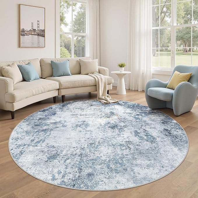 DMOYEST 6ft Round Area Rug for Living Room - 6x6 Washable & Non Slip Circle Rug, Kid & Pet Friendly Soft Low Pile Abstract Carpet for Bedroom and Dining Room - Blue