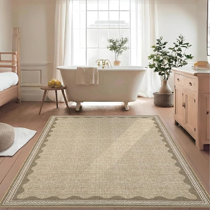 3x5 Scalloped Area Rugs Jute Washable Entryway Bedroom Rug | Solid Tan Rug for Bedroom Girls, Non Slip Throw Carpet With Rubber Back, Soft Dorm Nursery Scalloped Rugs for Dining Room