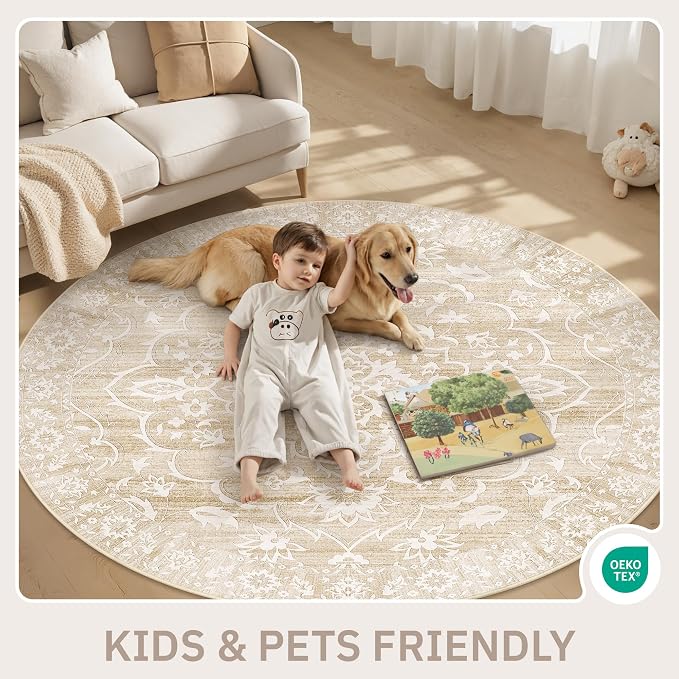 Soalmost Washable Round Rug 5ft for Living Room, Soft Circle Area Rug Beige | Vintage Floral Ultra-Thin Non-Slip Rugs, 5x5 Round Throw Carpet for Entryway Nursery Bedroom Kitchen Dining Room 5'Round