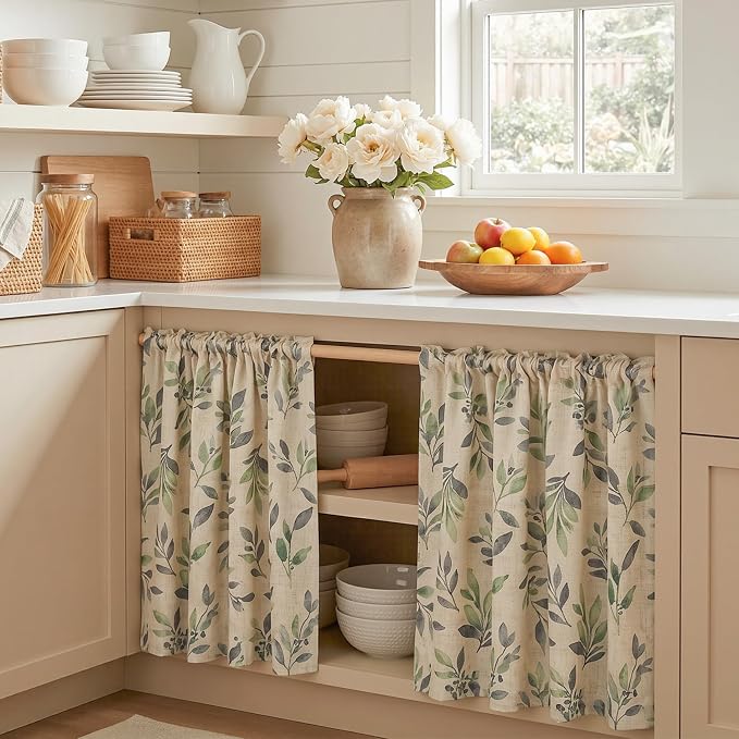 MYSKY HOME Linen Kitchen Tier Cafe Patterned Curtains 24 Inch Length 2 Panels Farmhouse Semi Sheer Privacy Small Window Treatments Rod Pocket for Bathroom Basement, Green, 30" Each Panel