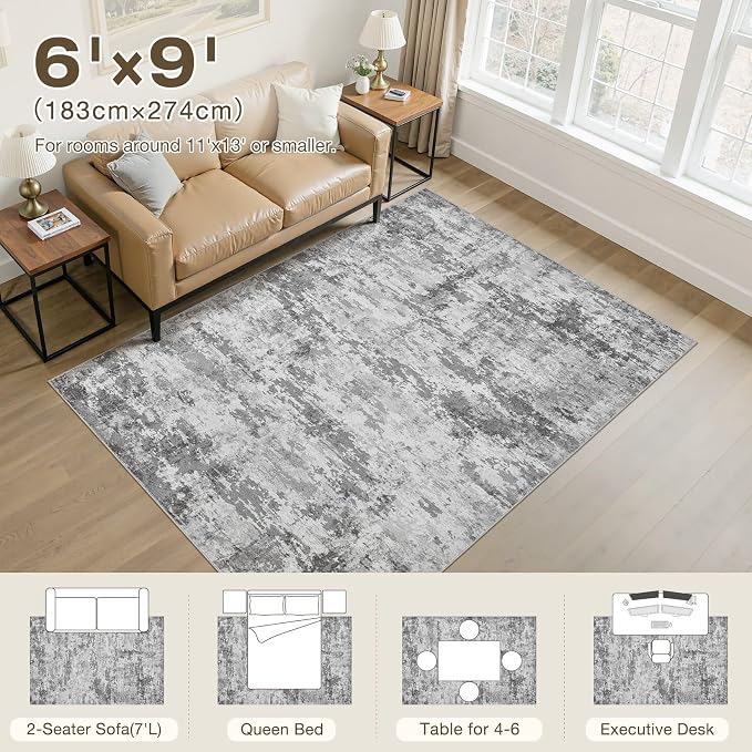 6x9 Area Rug, Non Slip Low Pile Washable Large Rug for Living Room | Soft Modern Abstract Carpet, Stain Resistant Kid & Pet Friendly, Made for Dining Room, Nursery, Home Office - Dark Gray
