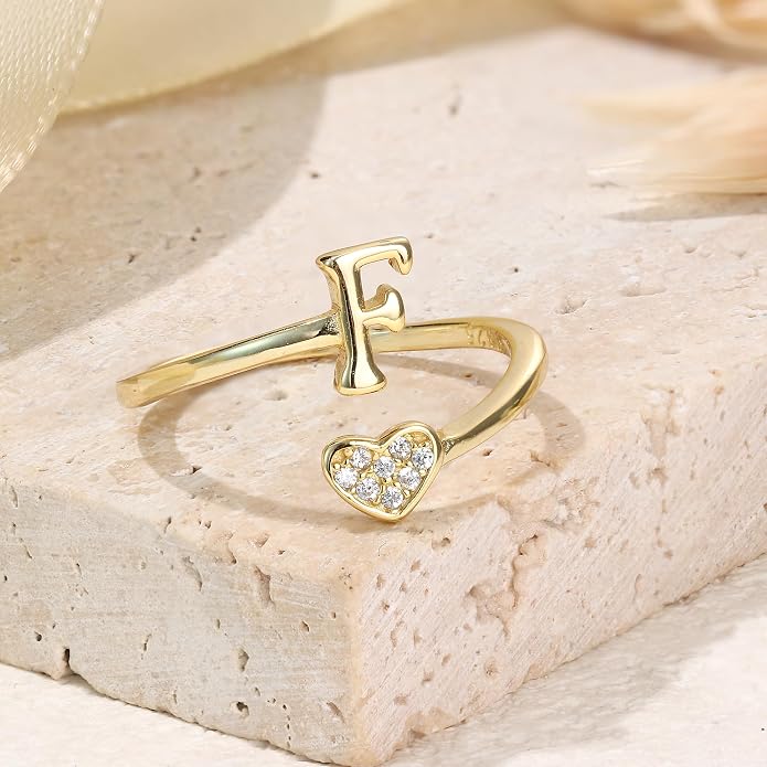 MILACOLATO 925 Sterling Silver Initial Rings for Women Teen Girl 18K Gold Plated Heart Initial Rings Adjustable Capital Letter Ring Stackable Thumb Pinky Rings for Daughter Birthday Bridesmaid Gifts Jewelry, A to Z