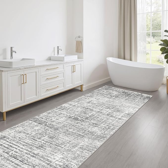Runner Rug Non-Slip Kitchen Rug: 2x6 Washable Abstract Modern Soft Stain Resistant Indoor Floor Neutral Accent Throw Carpet for Hallway Bathroom Laundry Room Bedroom Entryway- Grey