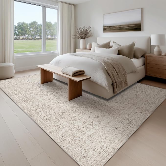 Fmfunctex 9x12 Washable Area Rug Beige Vintage Neutral Distressed Oriental Large Non Slip Carpet for Living Room Bedroom Soft Low Pile Indoor Mat Retro Throw Rug for Dining Room Kitchen Office Nursery