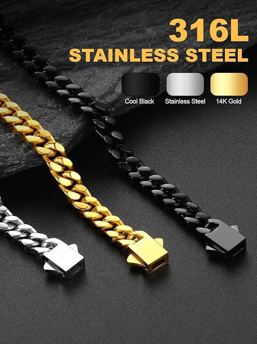 U7 Cuban Link Bracelets for Men Stainless Steel Wrist Bracelet Silver Black Gold Cuban Hand Chain Bracelet for Mens Women, 5/7/9/12mm Width, 7.5/8.3/9 Inch Length Classic Jewelry with Box Packed