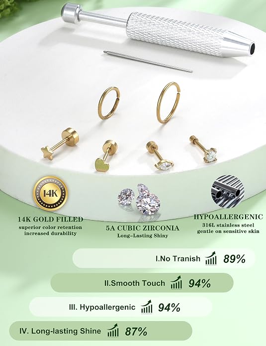 Drperfect 18G Reversible Flat Back Stud Earrings for Women Hypoallergenic Surgical Steel 14K Gold Silver Plated Internal Thread Stud Piercing Jewelry for Tragus Helix Cartilage Conch Piercing