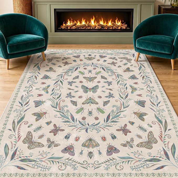 Lunasun Beige Green Rugs for Bedroom Under Bed - 6x9 Area Rug for Living Room, Dining Room, Kids Playroom, Fun Insect Cute Décor,Ultra Soft Non Slip Stain Resistant