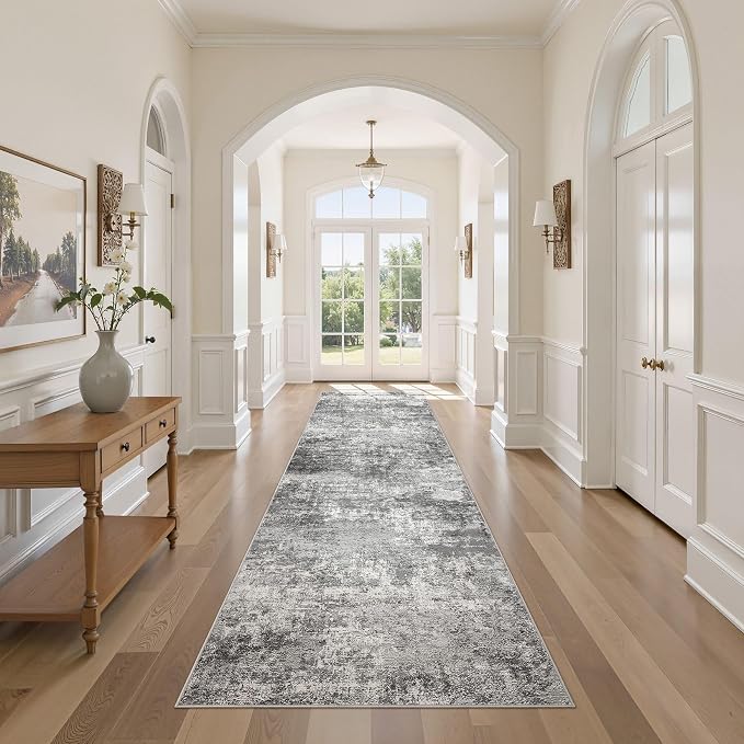 DMOYEST 3x10 Washable Runner Rug, Non Slip Low Pile Carpet Runner for Hallway and Entryway, Kid & Pet Friendly Abstract Modern Area Rug for Kitchen and Dining Room - Grey