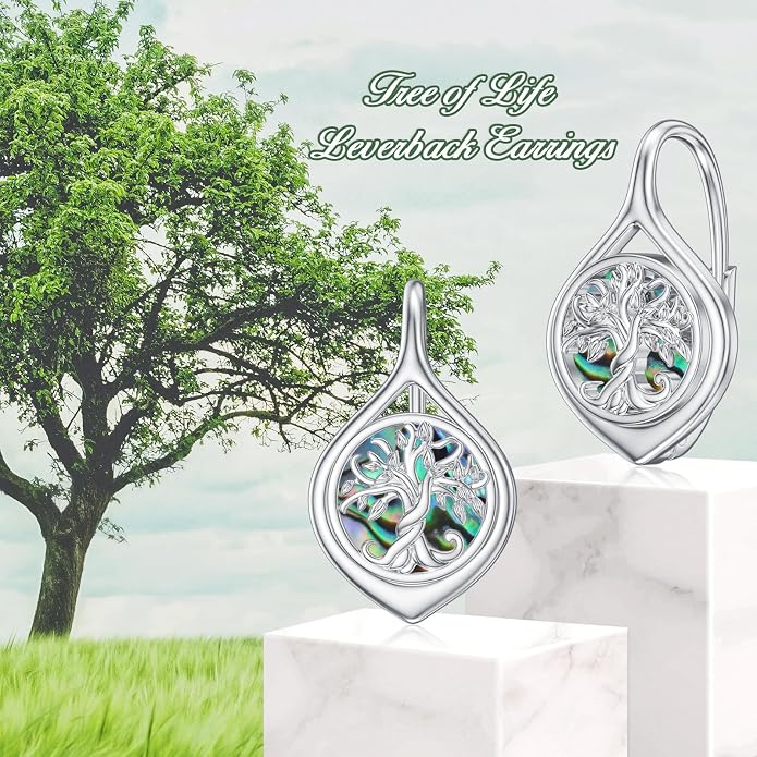 WINNICACA Leverback Earrings for Women 925 Sterling Silver Tree of Life Earrings Dangle Drop Turquoise Moonstone Moss Agate Heart Jewelry Gifts for Women Her Wife Anniversary Birthday Gifts