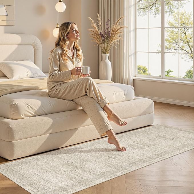 Nakagishi Washable Runner Rug 2x6: Vintage Neutral Non-Slip Entryway Rug for Hallway & Kitchen, Soft Low Pile Floor Carpet for Bedroom - Beige Gray
