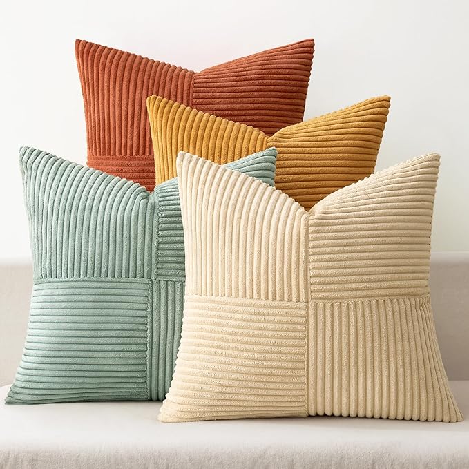 MIULEE Fall Teal-Orange Decorative Throw Pillow Covers 16x16 Inch Set of 4 Boho Corduroy Striped Cushion Cases Modern Farmhouse Patchwork Pillow Cases for Couch Sofa Bedroom Home Decor