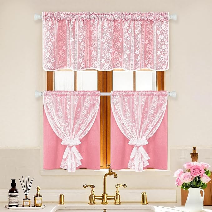 ASPMIZ Pink Valances for Windows Farmhouse Valance Curtains for Kitchen, Double Layer Kitchen Curtains with Linen Lace, Rod Pocket Window Valances for Small Window, Cafe, Bathroom, Living Room, 52x18