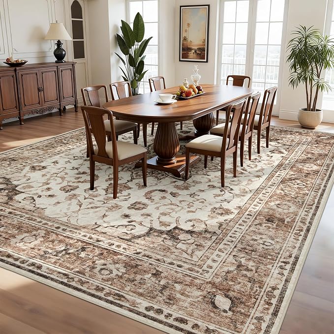 Joydeco 8x10 Area Rugs for Living Room, Non Slip Machine Washable Vintage Rug, Low Pile Chenille Print Rugs for Bedroom, Dining Room, Home Office, Pet & Child Friendly, Beige & Blue & Reddish-Brown