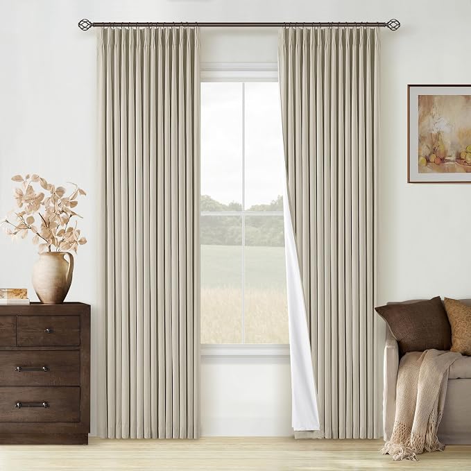 Oatmeal Pinch Pleated Full Blackout Curtains Linen Blend 80 Inches Long | Room Darkening Window Curtains, for Living Room Bedroom, Thermal Insulated, Back Tab Pinch Pleat with Hooks Rings, 2 Panels