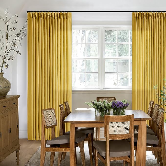 Mustard Yellow 90 Inch Thick Linen Curtains Pinch Pleated 2 Panels Set | for Living Room Bedroom Dining, Semi Sheer Light Filtering, Pinch Pleat Drapes Hooks Rings Back Tab, Gold Harvest Spring