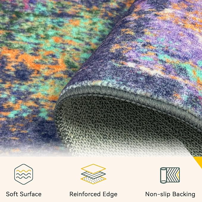 RELEANY Washable Area Rugs 2'x6' Non-Slip Modern Abstract Soft for Living Room Entryway Bedroom Kitchen, Print Pattern, Purple Orange Blue Green Rust Red Colorful
