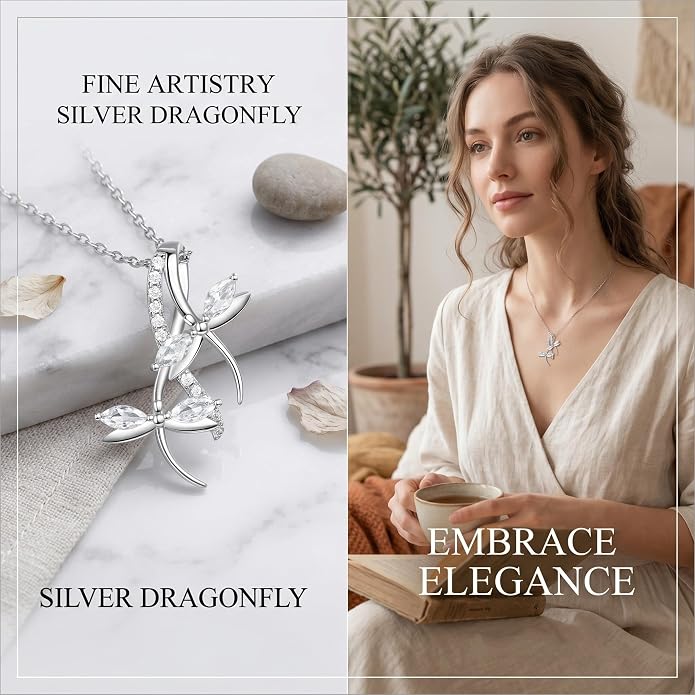 PRAYMOS Dragonfly Gifts 925 Sterling Silver Dragonfly Necklace for Women Dreamy Dragon fly Pendant Dragonflies Jewelry Birthday Gift 18+2" Adjustable Chain