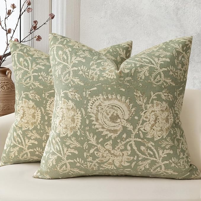 Vintage Floral Print Throw Pillow Covers 18x18 Set of 2 Neutral Modern Farmhouse Pillow Cases Accent Decorative Cushion Covers Boho Home Decor for Couch Sofa Chair Bed Living Room, Sage
