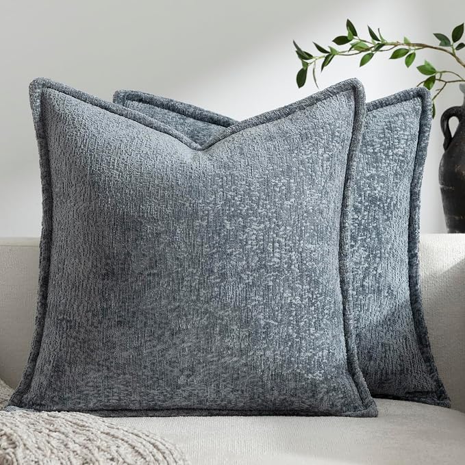 DEZENE Pack of 2 Dusty Blue Euro Shams Pillow Covers 26x26 Cozy Soft Chenille Decorative Throw Pillow Covers Accent Vintage Square Couch Pillow Covers for Home Decor Bed Sofa Living Room