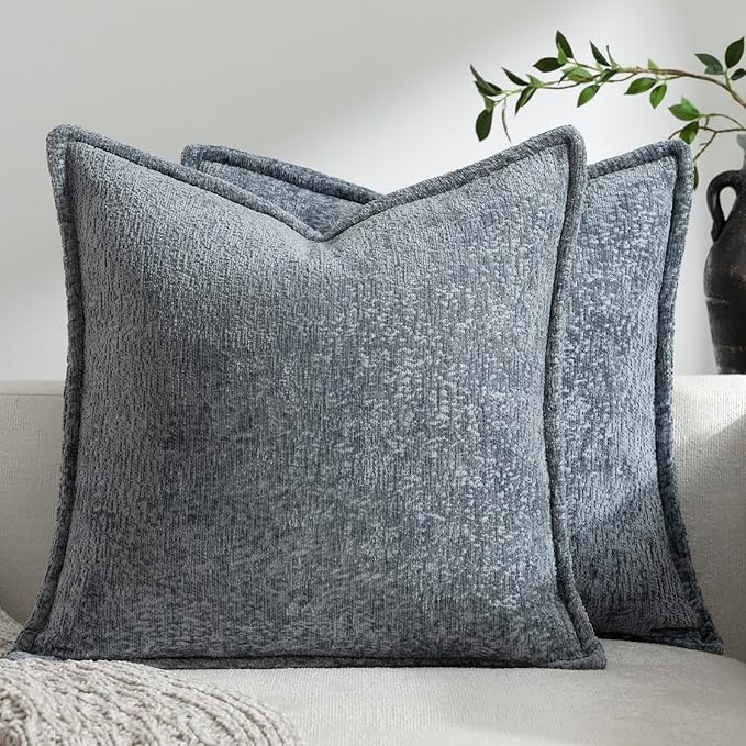 DEZENE Pack of 2 Dusty Blue Decorative Throw Pillow Covers 22x22 Cozy Soft Chenille Accent Vintage Square Couch Pillow Covers for Home Decor Bed Sofa Living Room