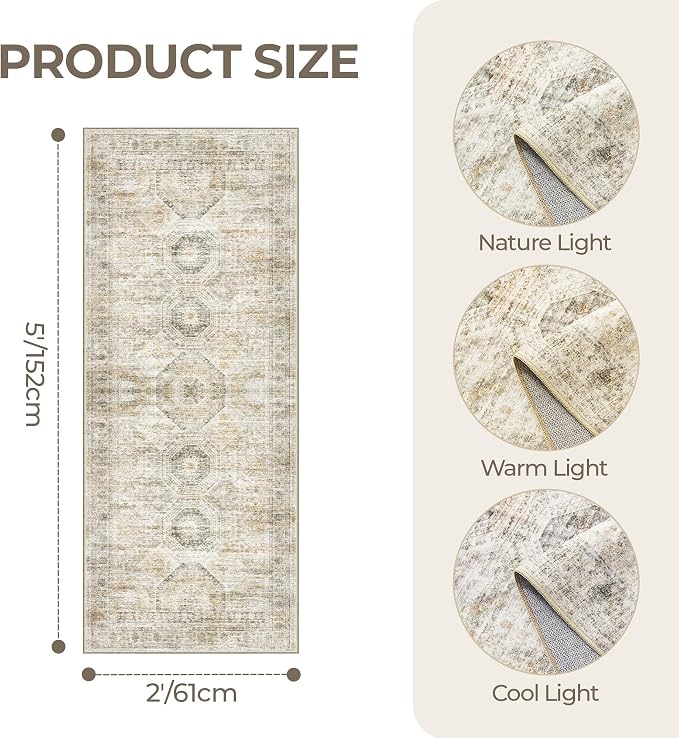 2x5 Rug Runner Washable for Entryway, Soft Bathroom Rugs with Non-Slip Backing, Abstract Low Pile Hallway Runner, Vintage Small Kitchen Carpet for Stair, Laundry Room(2'x5', Grey/Yellow)