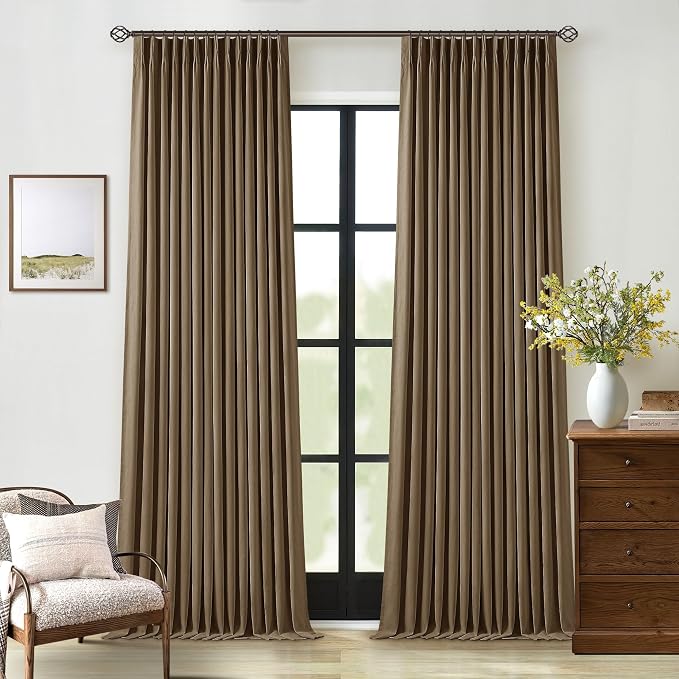 TWODRAPES Dutch Cocoa Blackout Linen Curtains 108 Inches Long Pinch Pleated | 100% Black Out Curtains Lined 2 Layers, Memory Shape Noise Reducing, Rustic Farmhouse, for Living Dining Room Bedroom Window