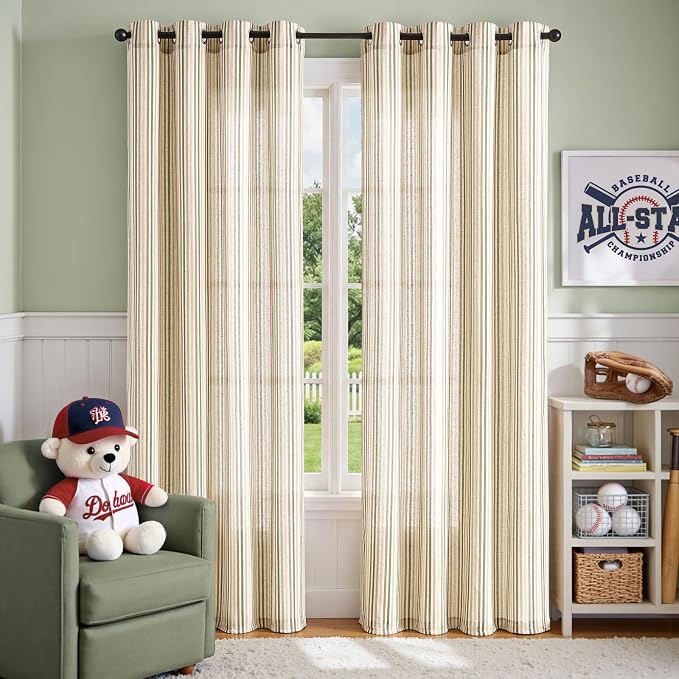 Vangao Linen Stripe Nursery Curtains for Kids Tickingstripe Light Filtering Window Curtains Colorful Pinstripe Printed Drapes 84 Inches Long for Living Room Boys Bedroom Colorful Green 2 Panels