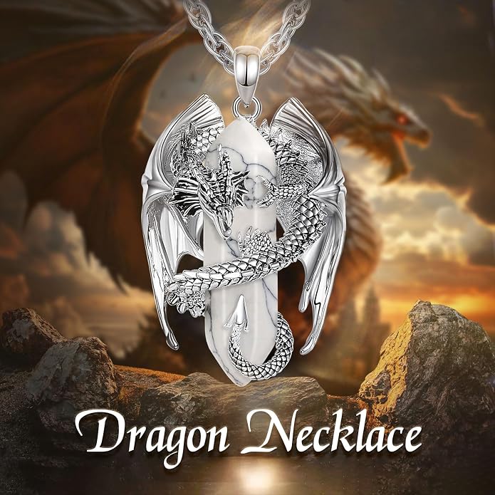 INFUSEU Unique Dragon Necklaces with Healing Crystal Stone for Men Women, Personalized Spiritual Gifts, 24 Inch Chain
