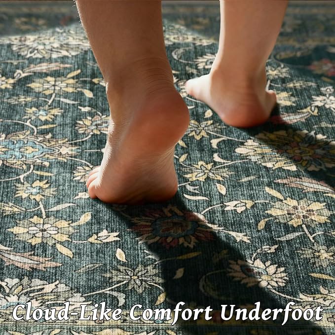 Boho Washable 10x14 Area Rugs for Living Room, Cushioned, Sage Green | Vintage Non-slip Neutral Oriental Rugs for Bedroom Dining Room Nursery Office High Traffic Area
