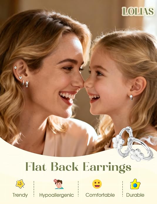 LOLIAS Hypoallergenic Flat Back Earrings for Women Girls-Cute Toddler Kids Teen Girls Earring Set-Surgical Steel Earrings for Sensitive Ears-14K Gold Plated Stainless Steel Flatback Studs Screw Back Small Hoop Cartilage Earring Stacks