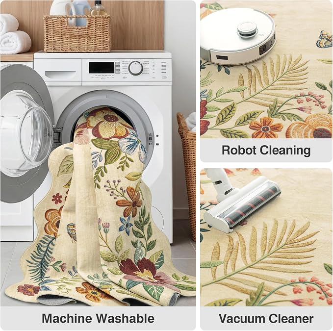 FMFUNCTEX 6x9 Washable Beige Floral Boho Scalloped Area Rug for Living Room | Vintage Flower Colorful Traditional Soft Cream Non Slip Low Pile Large Pattern Indoor Thin Carpet Bedroom Dining Room Nursery