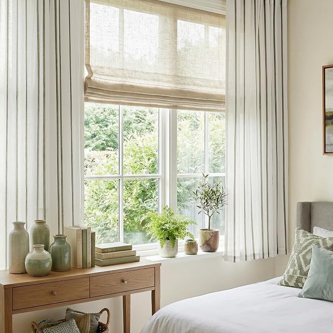 Vangao Striped Curtains Green on White Semi Sheer Curtains 63 Inches Long for Bedroom Living Room Modern Farmhouse Linen Textured Light Filtering Drapes 2 Panels Olive Green W50 x L63 Inch