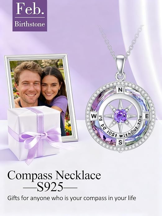 TOUPOP Necklace Gifts for Wife Compass Jewelry Women Anniversary Girlfriend Birthday Gift for Her Valentines I'd be Lost without You Sterling Silver Birthstone Necklaces