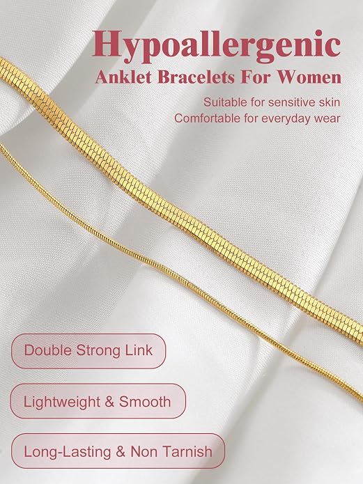 FOCALOOK 14K Gold Plated Anklets for Women Waterproof Plus Size Ankle Bracelet 8.5-10.5 Inch Adjustable Mariner/Figaro/Flat Snake/Cuban Link Chain Anklet Jewelry for Summer Beach Holiday