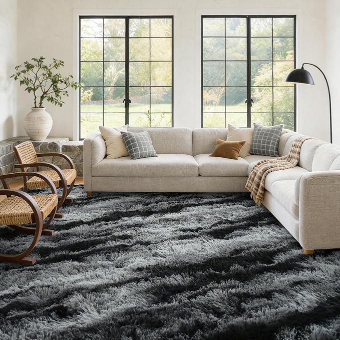 Large Shaggy 6x9 Area Rugs for Living Room Decor, Non-Slip Tie-Dyed Rugs for Bedroom Kids Playroom Dorm Room, High Pile Ultra Soft Carpet, Black