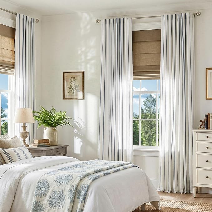 Vangao Striped Curtains Blue on White Semi Sheer Curtains 96 Inches Long for Living Room Bedroom Modern Farmhouse Linen Textured Light Filtering Drapes 2 Panels Blue W50 x L96 Inch
