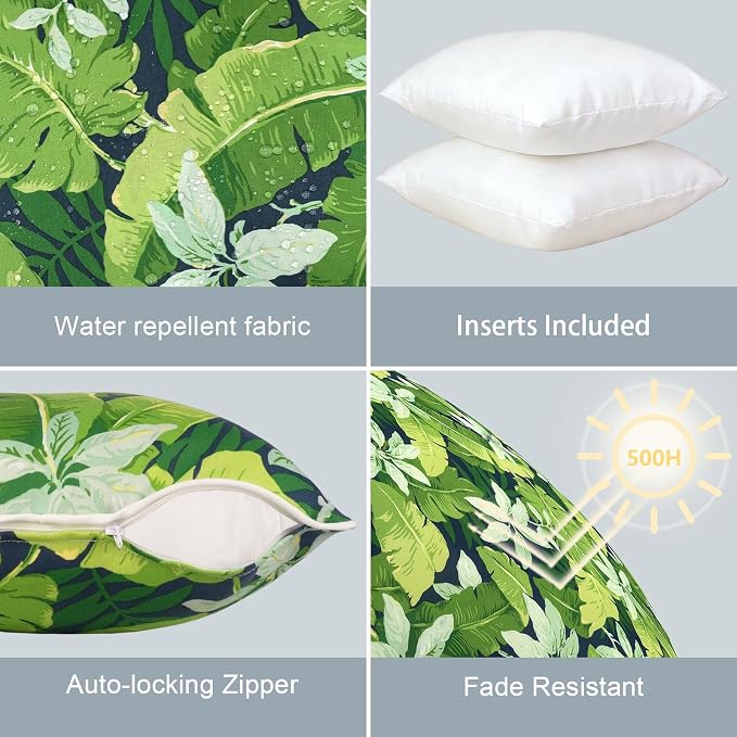 LVTXIII Outdoor Throw Pillows 20x20 Patio Waterproof Square Pillows with Piping Fade Resistant Accent Pillow for Spring Summer Garden Decoration, Set of 2, Jungle Leaves
