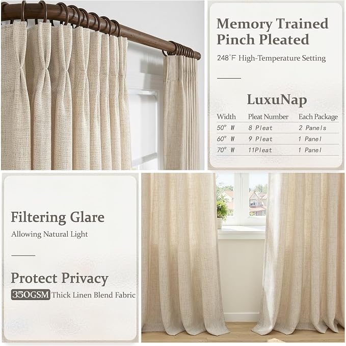 Extra Long 120 Inch Natural Linen Floor to Ceiling Kids Bedroom Curtains 2 Panels Set, Memory Shape Pinch Pleated Semi Sheer Tall Drapes Light Filtering Privacy Nursery Farmhouse 50 Inch Wide Curtain