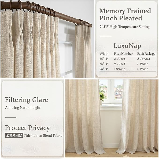 Pinch Pleat Natural Classroom Window Curtains 92 Inches Long 2 Panels Set, Memory Trained Semi Sheer Light Filtering Linen Blend Curtain 50 Inches Wide Track System Office Privacy Country Drapes Decor