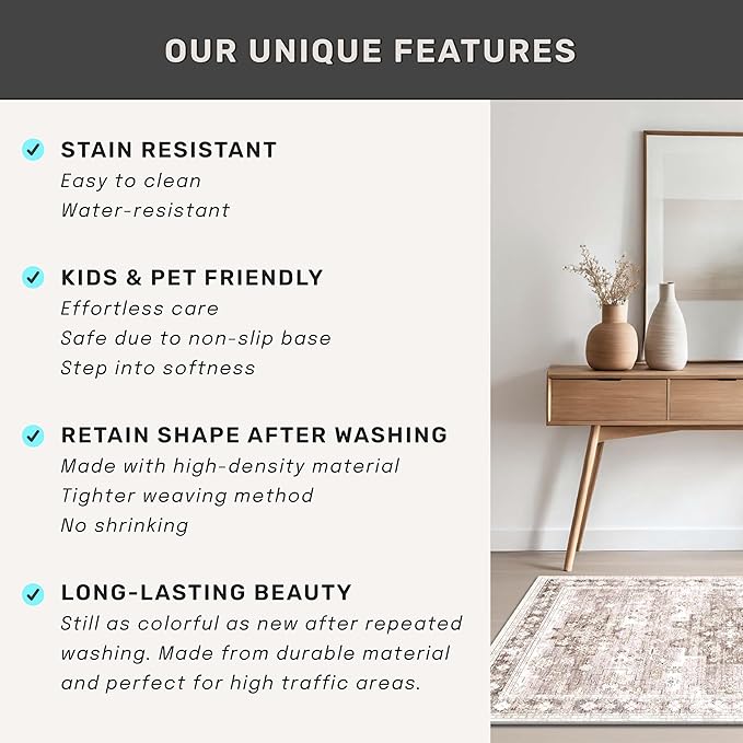 Washable Farmhouse Living Room Rug, 10x14 Area Rugs for Bedroom, Dining Room Under Table Carpet, Kids Room, Extra Large Boho Vintage Non-Slip Rugs Low Pile Stain Resistant (10x14 Beige/Latte)