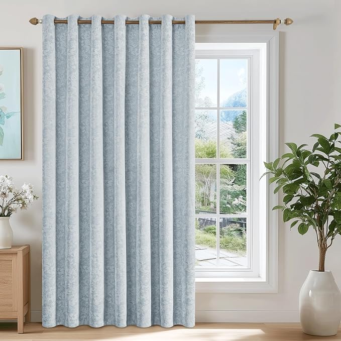 Beauoop Blue Floral Jacquard Blackout Sliding Door Curtains 100x84 1 Set | Flower Chenille Room Darkening Patio Curtains Extra Wide Room Divider Drapes Thermal Soundproof Window treatment Grommet