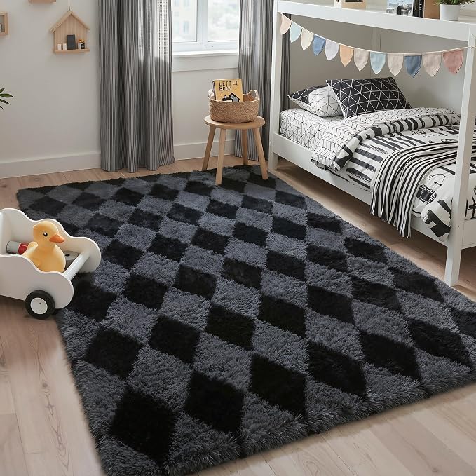 GENIMO Checkered Rug 6x9 Area Rugs for Kids Bedroom Soft Shag Rug Fluffy Fuzzy Carpet Plush Rugs for Living Room Nursery Playroom Dorm Modern Home Decor Aesthetic, Black and Grey